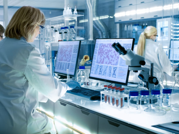 Female and Male Scientists Working on their Computers In Big Modern Laboratory. Various Shelves with Beakers, Chemicals and Different Technical Equipment is Visible.